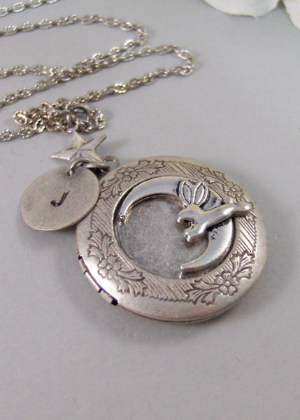 Bunny Moon,Locket,Silver Locket,Rabbit,Bunny,Persoanlize,Monogram,Antique Locket,Antique,Moon,Love You. jewelry by valleygirldesigns.