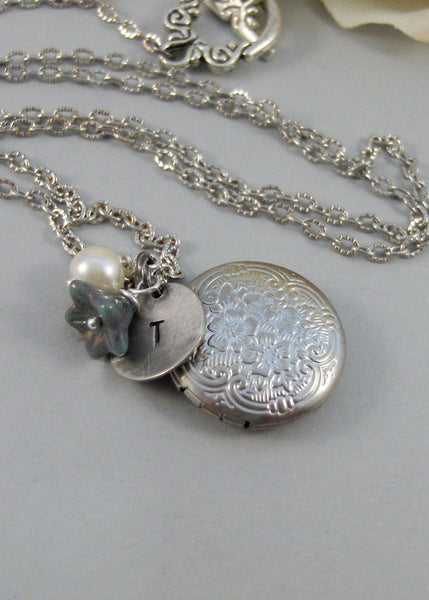 Tiny Bellflower,Locket,Silver Locket,Blue,Flower,Persoanlize,Monogram,Antique Locket,Antique,Moon,Love You. jewelry by valleygirldesigns.