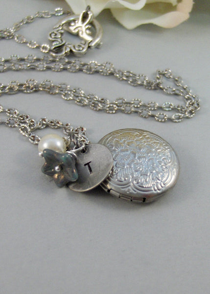 Tiny Bellflower,Locket,Silver Locket,Blue,Flower,Persoanlize,Monogram,Antique Locket,Antique,Moon,Love You. jewelry by valleygirldesigns.
