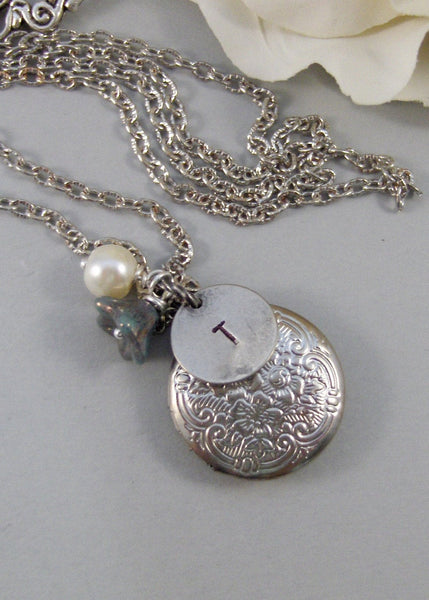Tiny Bellflower,Locket,Silver Locket,Blue,Flower,Persoanlize,Monogram,Antique Locket,Antique,Moon,Love You. jewelry by valleygirldesigns.