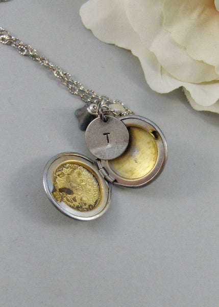 Tiny Bellflower,Locket,Silver Locket,Blue,Flower,Persoanlize,Monogram,Antique Locket,Antique,Moon,Love You. jewelry by valleygirldesigns.