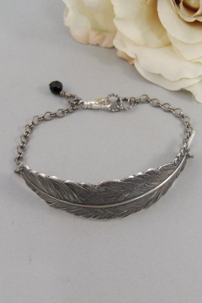 Silver Feather,Bracelet,Silver Bracelet, Antique Bracelet, Feather Bracelet,Black,Silver. Handmade Jewelry by Valleygirldesigns.