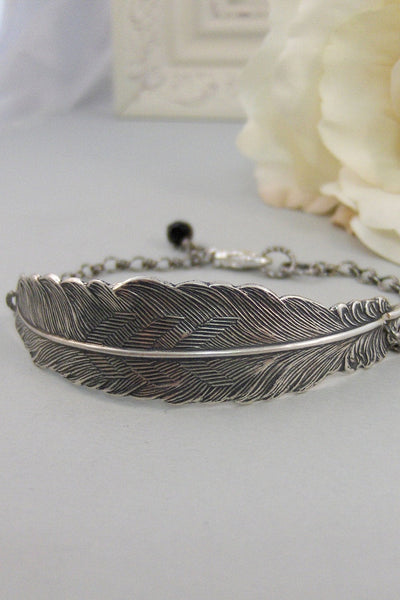 Silver Feather,Bracelet,Silver Bracelet, Antique Bracelet, Feather Bracelet,Black,Silver. Handmade Jewelry by Valleygirldesigns.