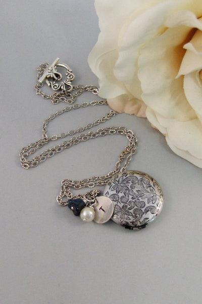 Enchanted Bellflower,Locket,Silver Locket,Blue,Flower,Persoanlize,Monogram,Antique Locket,Antique,Handstamped. jewelry by valleygirldesigns.