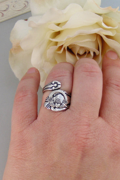 Lucky Girl,Ring,Silver,Irish,Claddagh,Antique Ring,Silver Ring,Spoon Ring,Shamrock,Wedding, Handmade jewelery by valleygirldesigns.
