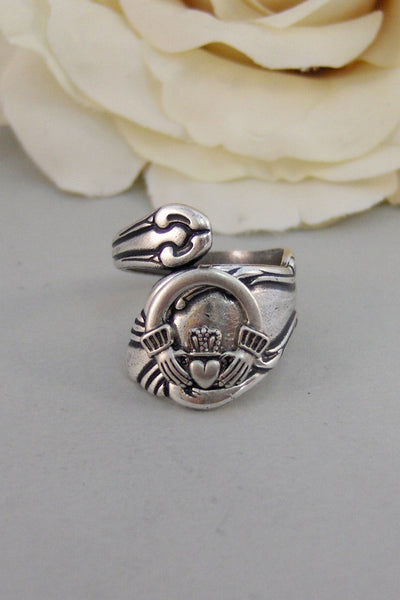 Lucky Girl,Ring,Silver,Irish,Claddagh,Antique Ring,Silver Ring,Spoon Ring,Shamrock,Wedding, Handmade jewelery by valleygirldesigns.