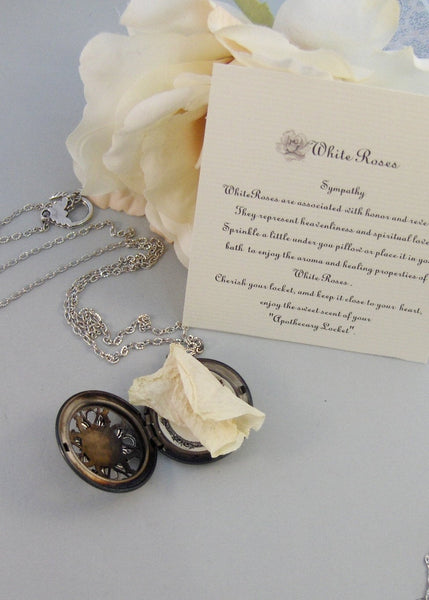 Scented White Rose,Locket,Silver,Apothecary,Rose,White,Sympathy,Sympathy Locket,,Jewelry. Handmade jewelry by valleygirldesigns.