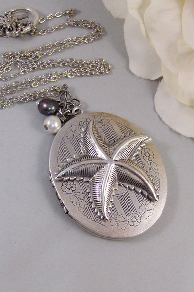 Starfish,Silver Locket,Locket, Antique Locket,Shell,Necklace,Victorian,Fish,Star,Pearl,Blue. Handmade jewelry by valleygirldesigns.
