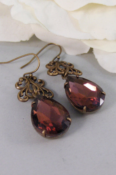 Garnet Lace,Vintage Earrings,Garnet Earrings,Brass Earrings,Garnet,Birthstone,January. Handmade Jewelry by valleygirldesigns.