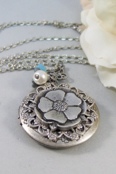 Gypsy Flower, Locket,Silver Locket,Antique Locket,Flower Locket.,Blossom,Gypsy Flower. Handmade Jewelry by ValleyGirlDesigns.