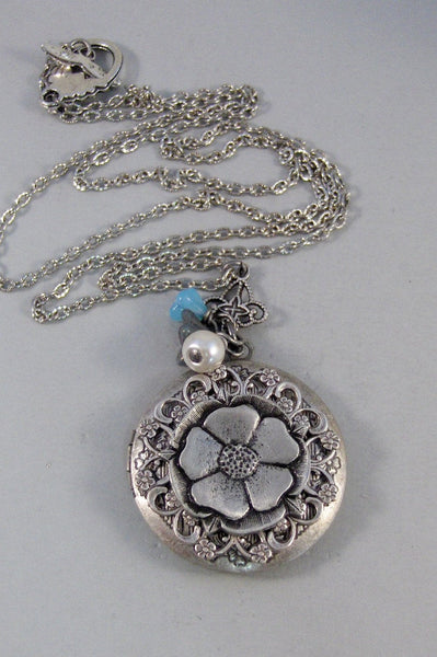 Gypsy Flower, Locket,Silver Locket,Antique Locket,Flower Locket.,Blossom,Gypsy Flower. Handmade Jewelry by ValleyGirlDesigns.