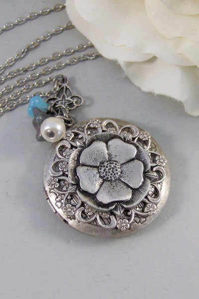 Gypsy Flower, Locket,Silver Locket,Antique Locket,Flower Locket.,Blossom,Gypsy Flower. Handmade Jewelry by ValleyGirlDesigns.