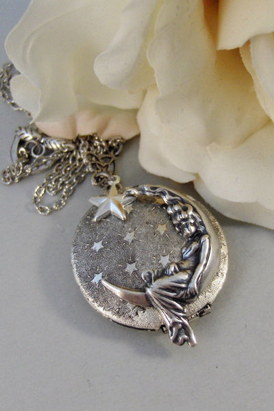 Moon and Stars,Locket,Silver Locket,Girl,Moon,Goddess,Star,Necklace,Antique Locket,Night,Jewelry. Handmade jewelry by valleygirldesigns.