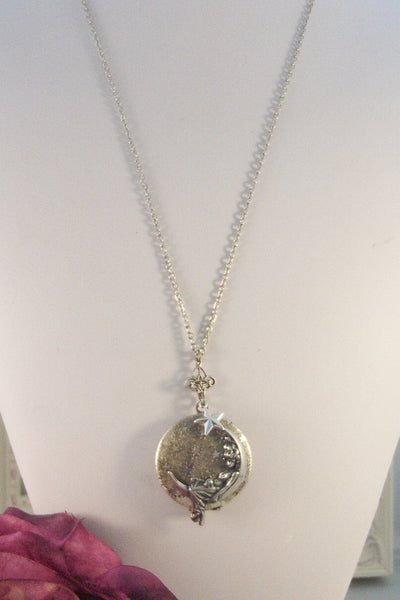 Moon and Stars,Locket,Silver Locket,Girl,Moon,Goddess,Star,Necklace,Antique Locket,Night,Jewelry. Handmade jewelry by valleygirldesigns.