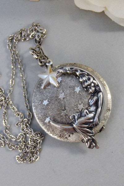 Moon and Stars,Locket,Silver Locket,Girl,Moon,Goddess,Star,Necklace,Antique Locket,Night,Jewelry. Handmade jewelry by valleygirldesigns.