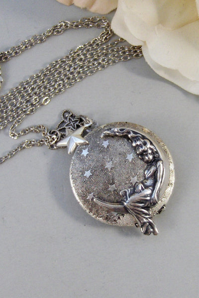 Moon and Stars,Locket,Silver Locket,Girl,Moon,Goddess,Star,Necklace,Antique Locket,Night,Jewelry. Handmade jewelry by valleygirldesigns.