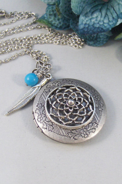 Dreamcatcher,Locket,Silver,Feather,Turquoise,Gemstone,Necklace,Antique Locket,Dream,Indian,Jewelry. Handmade jewelry by valleygirldesigns.