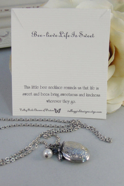Beelieve Life Is Sweet,Necklace,Locket,Silver,Bee Necklace,Bee,Birthstone,Personalize,Silver Locket,Antique.Jewelry by valleygirldesigns.