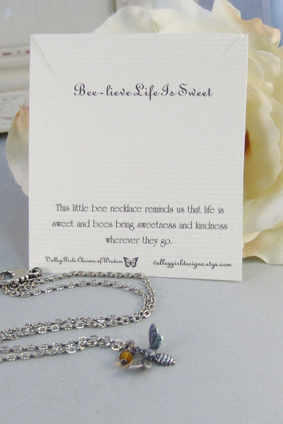 Beelieve Life Is Sweet,Necklace,Antique Necklace,Silver,Bee Necklace,Bee,Birthstone,Personalize,,Antique.Jewelry by valleygirldesigns.
