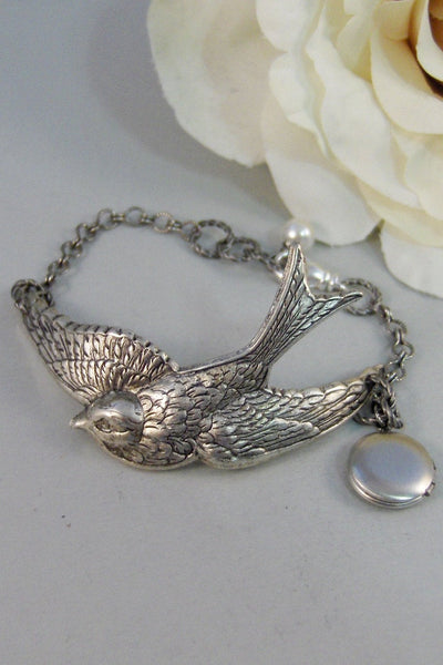 Sparrows Memory,Bracelet,Silver Bracelet,Bracelet,Silver,Antique Bracelet,Sparrow,Locket,Bird,Locket,Peace. Jewelry by valleygirldesigns.