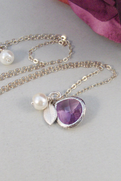 Lavender Blossom,Purple Necklace,Amethyst Necklace,Pearl necklace,Leaf Necklace,Amethyst Jewelry,Amethyst Birthstone,February Birthstone