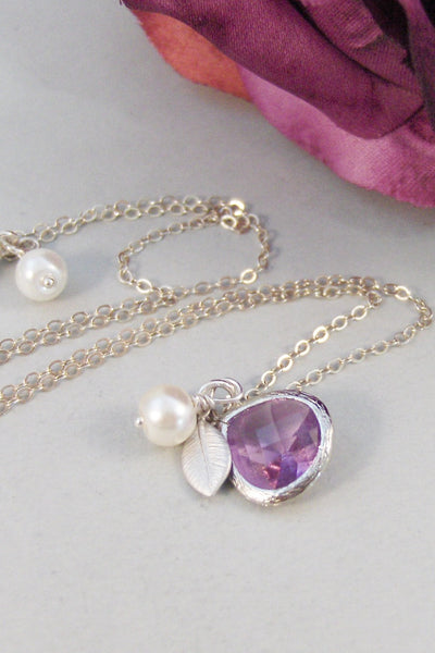 Lavender Blossom,Purple Necklace,Amethyst Necklace,Pearl necklace,Leaf Necklace,Amethyst Jewelry,Amethyst Birthstone,February Birthstone