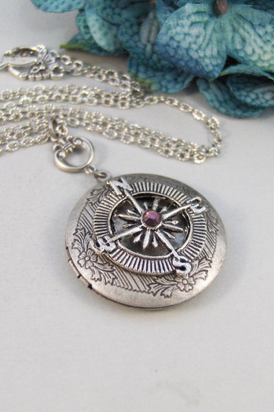 Birthstone Compass,Locket,Silver Locket,Compass,Directioin,Map,Antique Locket,Bird,Personalize,Birthstone. jewelry by valleygirldesigns.