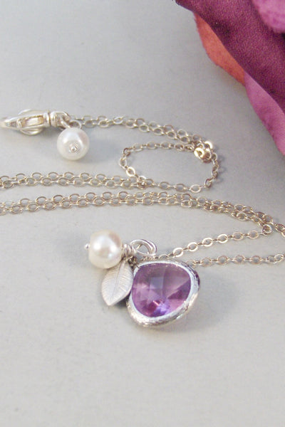 Lavender Blossom,Purple Necklace,Amethyst Necklace,Pearl necklace,Leaf Necklace,Amethyst Jewelry,Amethyst Birthstone,February Birthstone
