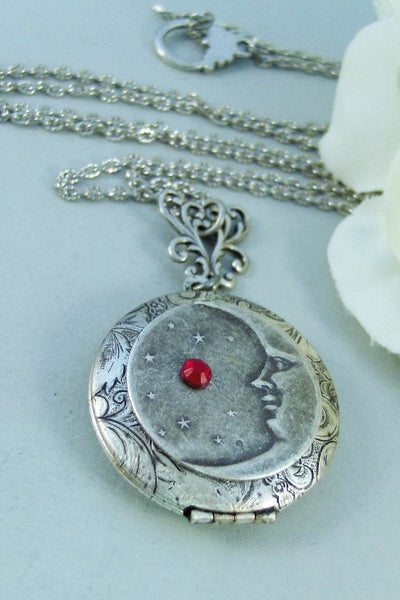 Luna's Star,Locket,Silver Locket,Girl,Moon,Goddess,Star,Necklace,Antique Locket,Luna,Birthstone. Handmade jewelry by valleygirldesigns.