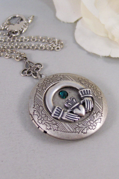 Birthstone Claddaugh,Locket,Silver Locket,Claddaugh,Irish,Necklace,Antique Locket,Birthstone. Handmade jewelry by valleygirldesigns.
