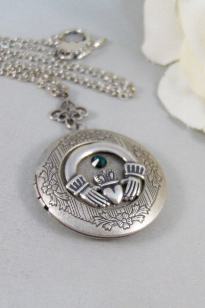 Birthstone Claddaugh,Locket,Silver Locket,Claddaugh,Irish,Necklace,Antique Locket,Birthstone. Handmade jewelry by valleygirldesigns.
