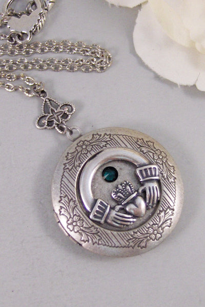 Birthstone Claddaugh,Locket,Silver Locket,Claddaugh,Irish,Necklace,Antique Locket,Birthstone. Handmade jewelry by valleygirldesigns.