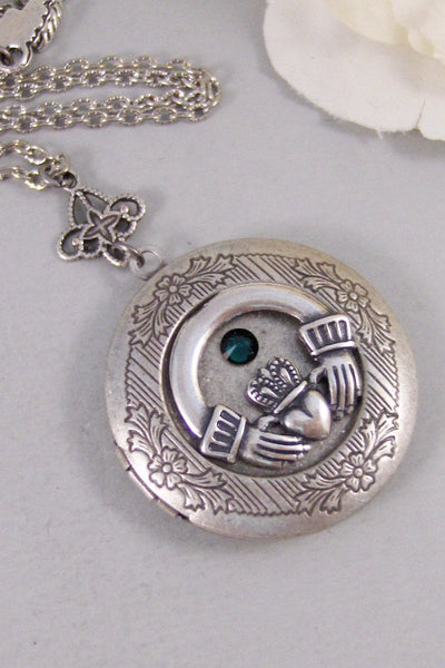 Birthstone Claddaugh,Locket,Silver Locket,Claddaugh,Irish,Necklace,Antique Locket,Birthstone. Handmade jewelry by valleygirldesigns.