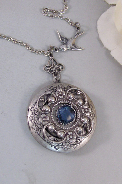 Tranquility,Locket,Antique Locket,Silver Locket,Bird,Sapphire,Blue,Ocean,Bird Locket,Bird Jewelry. Handmade jewelry by Valleygirldesigns.