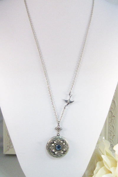 Tranquility,Locket,Antique Locket,Silver Locket,Bird,Sapphire,Blue,Ocean,Bird Locket,Bird Jewelry. Handmade jewelry by Valleygirldesigns.