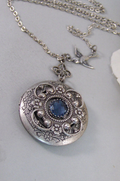 Tranquility,Locket,Antique Locket,Silver Locket,Bird,Sapphire,Blue,Ocean,Bird Locket,Bird Jewelry. Handmade jewelry by Valleygirldesigns.