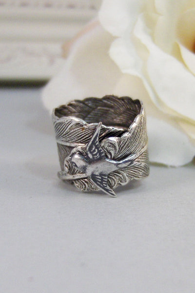 Sparrow's Feather,Ring,Silver,Bird,Sparrow,Antique Ring,Silver Ring,Bird Ring,Woodland,Wedding,Bridesmaid. jewelery by valleygirldesigns.