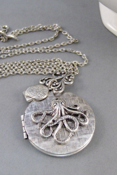 Enchanted Octopus,Locket,Silver Locket,Flower,Octopus,Ocean,Antique Locket,Shell,Octopus Necklace.Handmade jewelry by valleygirldesigns.