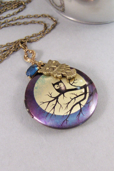 Midnight Hoots,Vintage,Brass Locket,Locket Art,Owl Necklace,Owl,Blue,Sapphire,Birthstone,Locket,Antiqued Locket,Moon,Midnight,Rhinestone