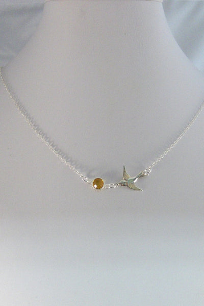 Sparkle Sparrow,Necklace,Sterling Silver,Bird,Bird Necklace,Birthstone,Personalize,Sterling Silver,Bridesmaid Gift,April, valleygirldesigns.