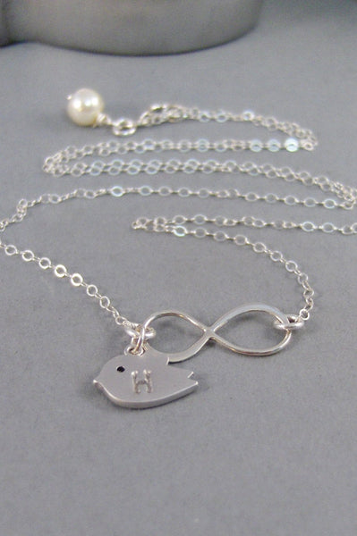 Birdie Infinity,Necklace,Sterling Silver,Infinity,Silver Necklace,Monogram Necklace,Engrave Necklace,Bird Necklace,Bird valleygirldesigns.