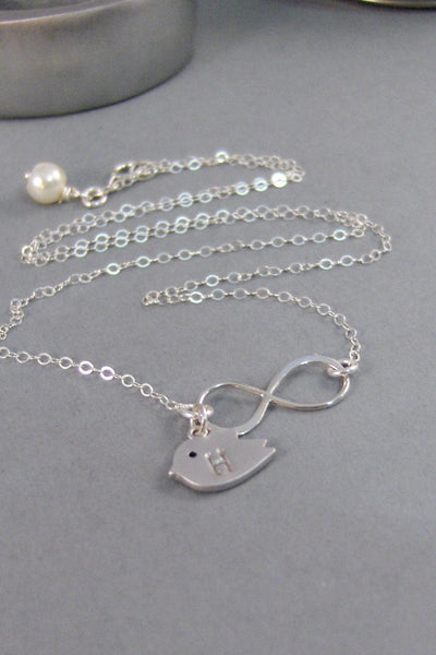 Birdie Infinity,Necklace,Sterling Silver,Infinity,Silver Necklace,Monogram Necklace,Engrave Necklace,Bird Necklace,Bird valleygirldesigns.