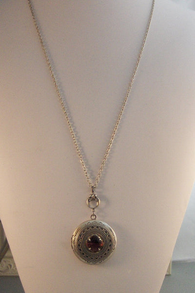 Garnet Amulet,Locket,Antique Locket,Silver Locket,Garnet Stone,Vintage Rhinestone,Vintage,Red Stone,Garnet Birthstone. Valleygirldesigns.