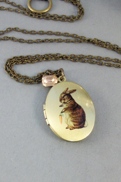 Tiny Bunny,Locket,Rabbit Locket,Rabbit Necklace,Pink,Vintage,Brass Locket,Locket Art,Birthstone,Locket,Antiqued Locket,Rhinestone