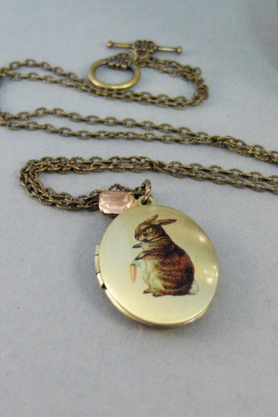 Tiny Bunny,Locket,Rabbit Locket,Rabbit Necklace,Pink,Vintage,Brass Locket,Locket Art,Birthstone,Locket,Antiqued Locket,Rhinestone