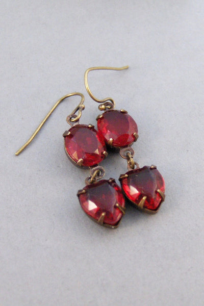 Red Hearts,Vintage Earrings,Ruby Earrings,Brass Earrings,Earrings,Red,Ruby,Red Earrings,Red Stone.Vintage Ruby,July, valleygirldesigns.