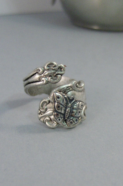 Dainty Butterfly,Ring,Silver,Butterfly,Butterfly Jewelry,Spoon Ring,Antique Ring,Silver Ring,Wrapped,Adjustable,Bridesmai valleygirldesigns.