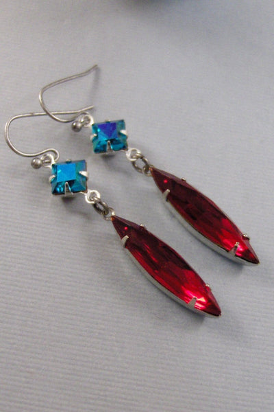 Deco,Earring,Vintage Earrings,Ruby Earrings,Red,Rhinestone,Red Earring,Red Stone,Blue Topaz,Blue Topaz Earring,December valleygirldesigns.