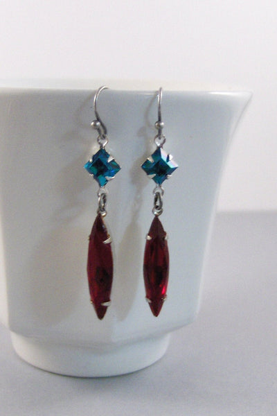 Deco,Earring,Vintage Earrings,Ruby Earrings,Red,Rhinestone,Red Earring,Red Stone,Blue Topaz,Blue Topaz Earring,December valleygirldesigns.