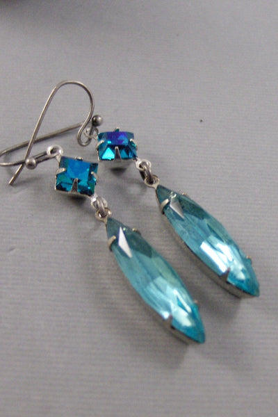 Deco,Earring,Vintage Earrings,Aquamarine Earrings,Aqua,Rhinestone,Topaz Earring,Blue Topaz,Blue Topaz Earring,Turquoise earring,valleygirl
